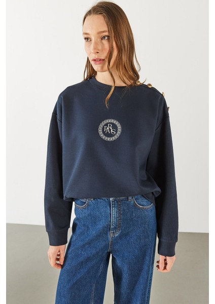 Omzu Düğme Detaylı Nakışlı Sweatshirt - Navy