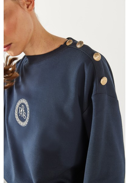 Omzu Düğme Detaylı Nakışlı Sweatshirt - Navy indirimleri