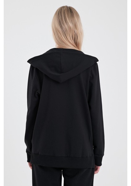 Kadın Gwen Siyah Yanı Yırtmaçlı Fermuarlı Sweatshirt - 200010-028 fırsatları