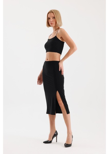Kadın Siyah Ip Askılı Crop Yırtmaçlı Etek Takım