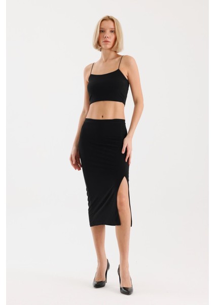 Kadın Siyah Ip Askılı Crop Yırtmaçlı Etek Takım fiyatları