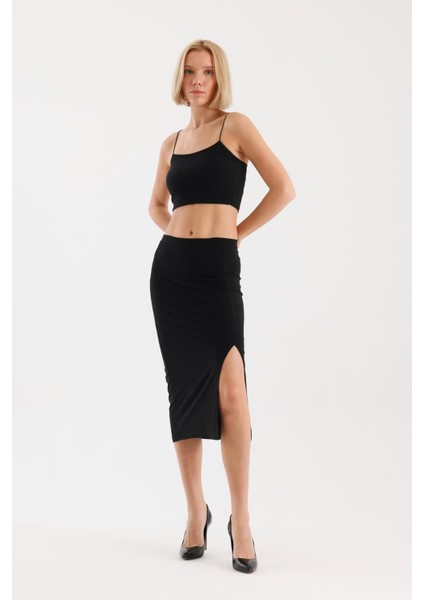 Kadın Siyah Ip Askılı Crop Yırtmaçlı Etek Takım modelleri