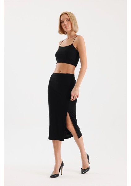 Kadın Siyah Ip Askılı Crop Yırtmaçlı Etek Takım fırsatları