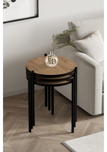 Nice 3'lü Zigon Sehpa Takımı Siyah Metal - Atlantik Çam Tabla