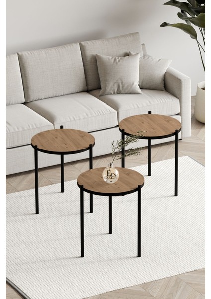 Nice 3'lü Zigon Sehpa Takımı Siyah Metal - Atlantik Çam Tabla