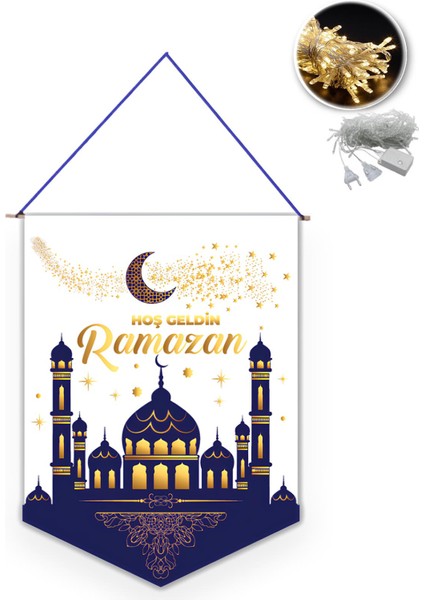 Kumaş Ramazan Banner Hoşgeldin Ramazan Flama + 10M Eklemeli LED - Hoşgeldin Ramazan Sarkıt