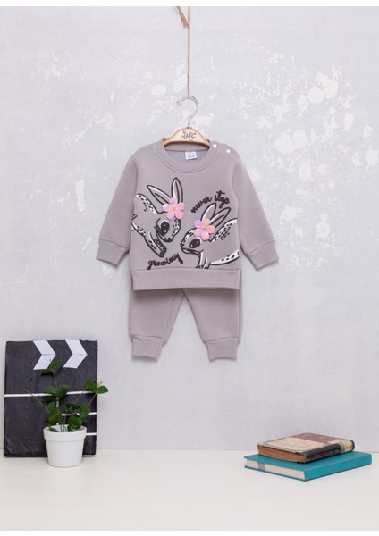 Kız Bebek Tavşan Baskılı Ikili Sweatshirt Takım
