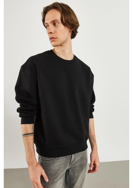 Erkek Clark Siyah Sıfır Yaka Oversize Sweatshirt