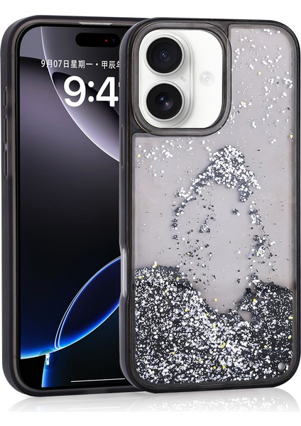 Apple iPhone 16 Darbelere Dayanıklı Kamera Çerçeveli Sıvı Shiny Simli Bling Kapak