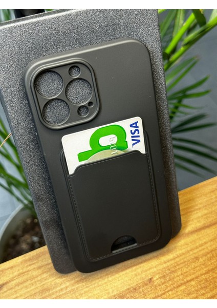 iPhone 13 Pro Max Darbe Emici Silikon Yapı Deri Görünüm Kamera Çerçeve Koruyuculu Kartlıklı Genncardguard Kılıf