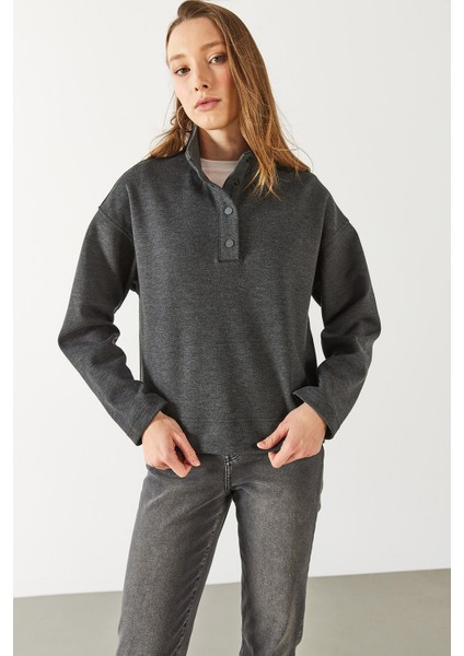 Molly Yakası Çıt Çıtlı Sweatshirt - Antrasit indirimleri