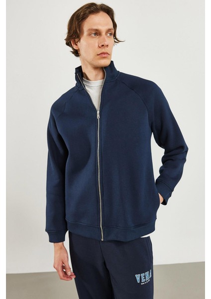 Erkek Dik Yaka Lacivert Oversize Önü Fermuarlı Sweatshirt