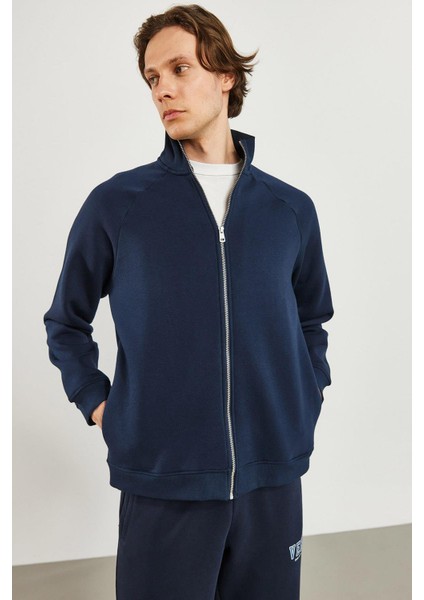 Erkek Dik Yaka Lacivert Oversize Önü Fermuarlı Sweatshirt modelleri