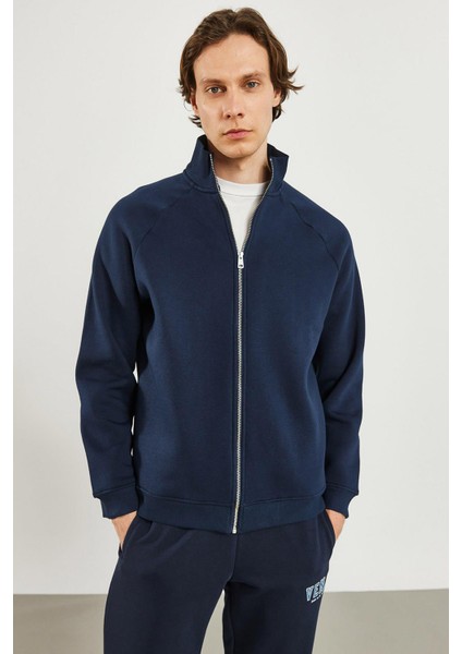 Erkek Dik Yaka Lacivert Oversize Önü Fermuarlı Sweatshirt indirimleri