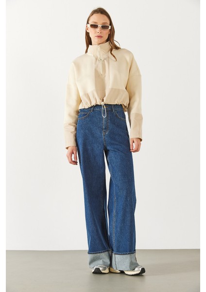 Brenna Dik Yaka Şardonlu Sweatshirt - Kemik