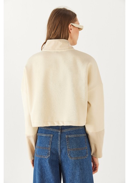 Brenna Dik Yaka Şardonlu Sweatshirt - Kemik fiyatları