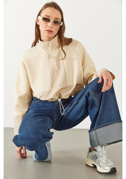 Brenna Dik Yaka Şardonlu Sweatshirt - Kemik modelleri