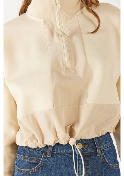 Brenna Dik Yaka Şardonlu Sweatshirt - Kemik fırsatları