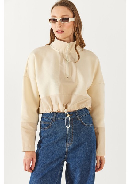 Brenna Dik Yaka Şardonlu Sweatshirt - Kemik indirimleri