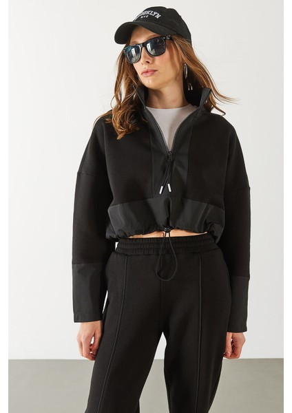 Brenna Dik Yaka Şardonlu Sweatshirt - Siyah