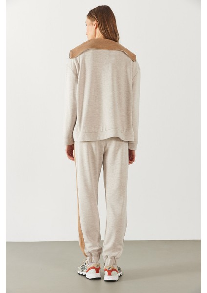 Paçası Lastikli Kontrast Ara Parçalı Jogging Pantolon - Ekru Melanj fırsatları