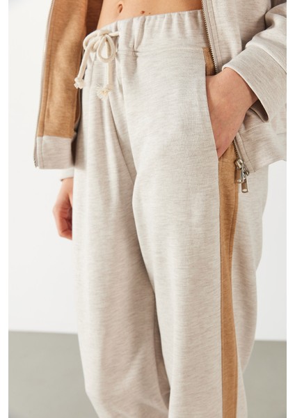 Paçası Lastikli Kontrast Ara Parçalı Jogging Pantolon - Ekru Melanj indirimleri