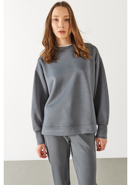 Kadın Bisiklet Yaka Yanı Yırtmaçlı Yumuşak Dokulu Sweatshirt (Cupro) - Antrasit