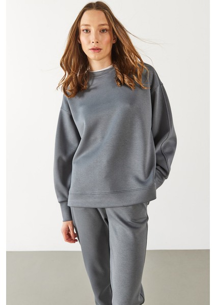 Kadın Bisiklet Yaka Yanı Yırtmaçlı Yumuşak Dokulu Sweatshirt (Cupro) - Antrasit fiyatları