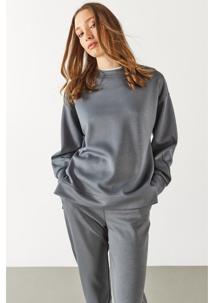 Kadın Bisiklet Yaka Yanı Yırtmaçlı Yumuşak Dokulu Sweatshirt (Cupro) - Antrasit fırsatları