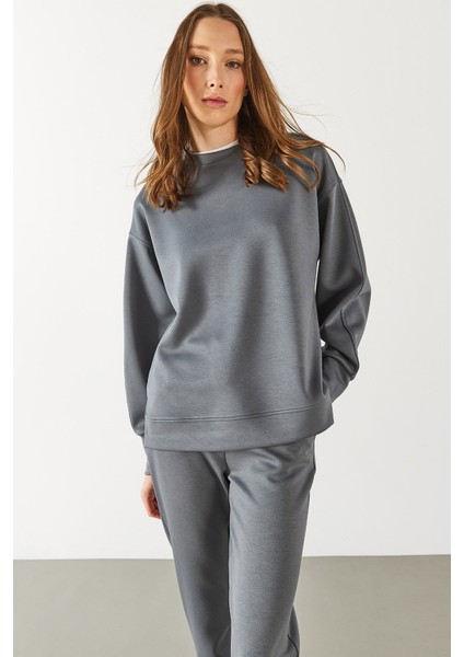 Kadın Bisiklet Yaka Yanı Yırtmaçlı Yumuşak Dokulu Sweatshirt (Cupro) - Antrasit indirimleri