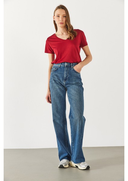 Boyfriend V Yaka Regular Fit Modal Tişört(Tencel)(Tm) - Bordo
