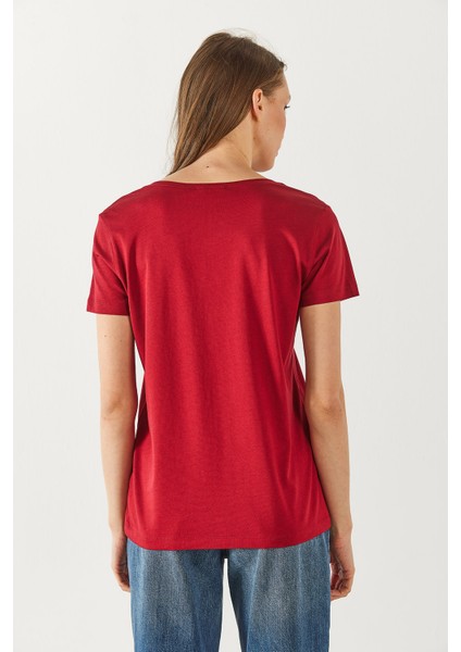 Boyfriend V Yaka Regular Fit Modal Tişört(Tencel)(Tm) - Bordo fiyatları
