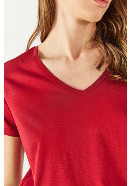 Boyfriend V Yaka Regular Fit Modal Tişört(Tencel)(Tm) - Bordo modelleri
