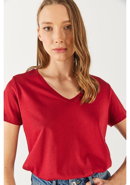Boyfriend V Yaka Regular Fit Modal Tişört(Tencel)(Tm) - Bordo fırsatları