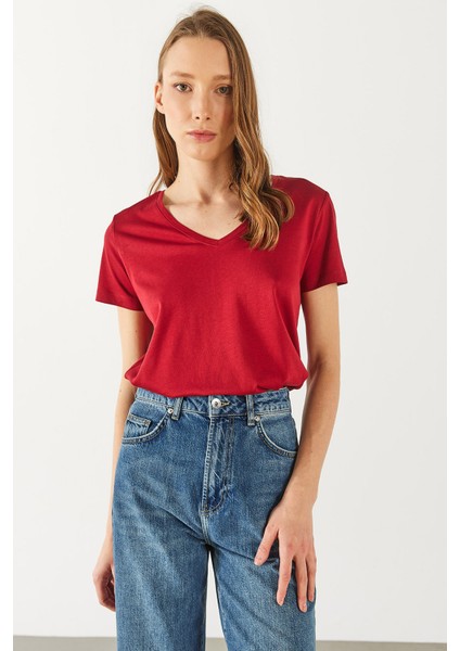 Boyfriend V Yaka Regular Fit Modal Tişört(Tencel)(Tm) - Bordo indirimleri