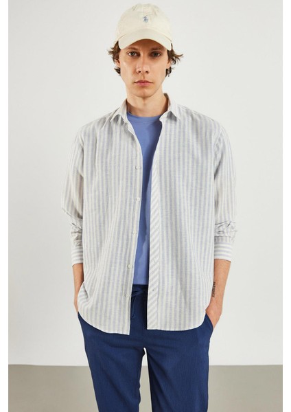 Erkek Steven Regular Fit Mavi Çizgili Oxford Gömlek