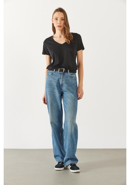 Boyfriend V Yaka Regular Fit Modal Tişört(Tencel)(Tm) - Siyah