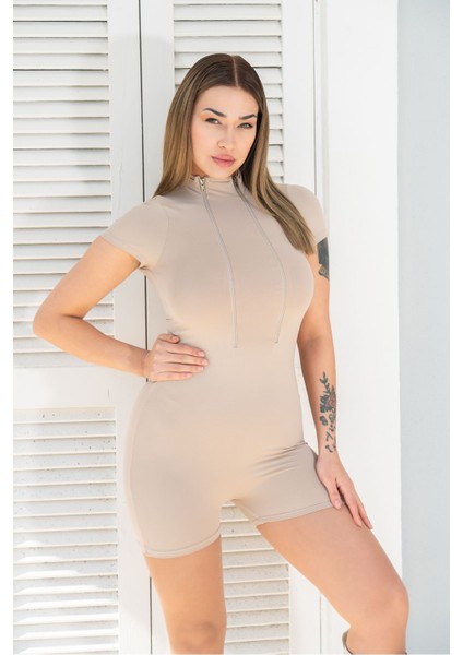 Vücüda Oturan Kadın Spor Şort Tulum / Toparlayıcı Çift Fermuarlı Spor Mayo Tulum