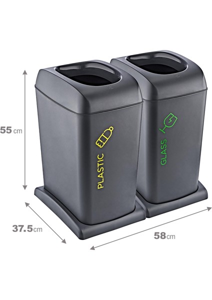 Soft Cam-Plastik 2'li set Tekerlekli Geri Dönüşüm Kutusu