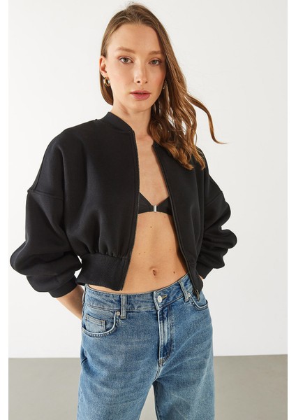 Loren Fermuarlı Geniş Kemerli Sweatshirt - Siyah