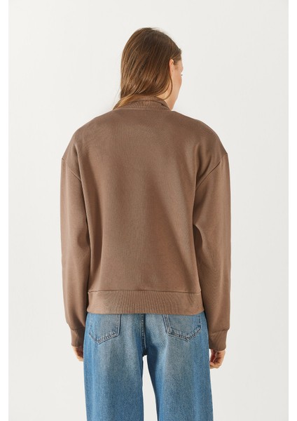 Yarım Patlı Kontrast Detaylı Sweatshirt - Vizon fiyatları