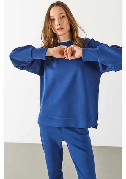 Kadın Bisiklet Yaka Yanı Yırtmaçlı Yumuşak Dokulu Sweatshirt (Cupro) - Navy