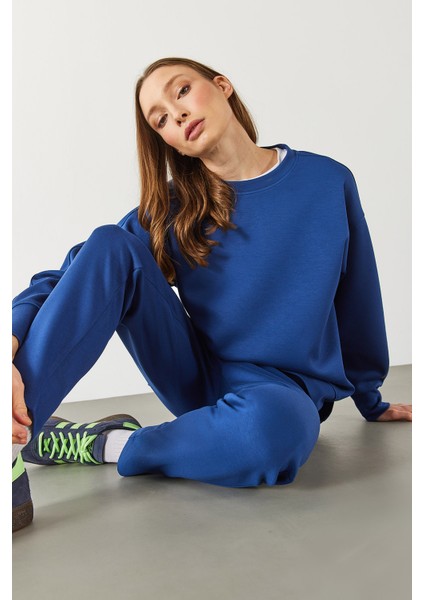 Kadın Bisiklet Yaka Yanı Yırtmaçlı Yumuşak Dokulu Sweatshirt (Cupro) - Navy indirimleri