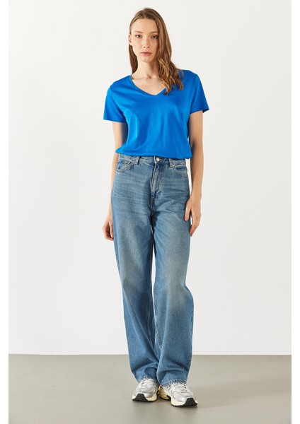Boyfriend V Yaka Regular Fit Modal Tişört(Tencel)(Tm) - Safir