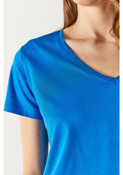 Boyfriend V Yaka Regular Fit Modal Tişört(Tencel)(Tm) - Safir modelleri