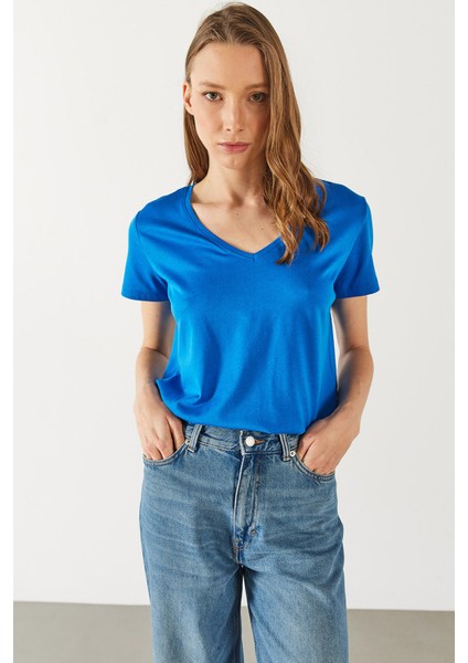 Boyfriend V Yaka Regular Fit Modal Tişört(Tencel)(Tm) - Safir indirimleri