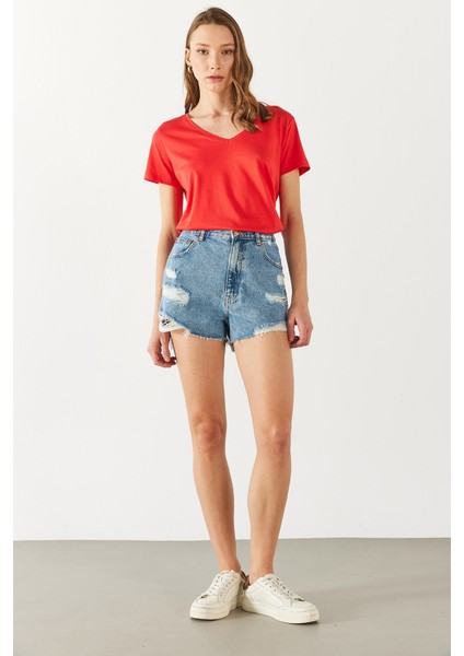 Boyfriend V Yaka Regular Fit Modal Tişört(Tencel)(Tm) - Mercan
