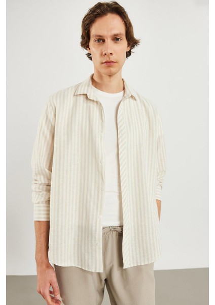 Erkek Steven Regular Fit Bej Çizgili Oxford Gömlek