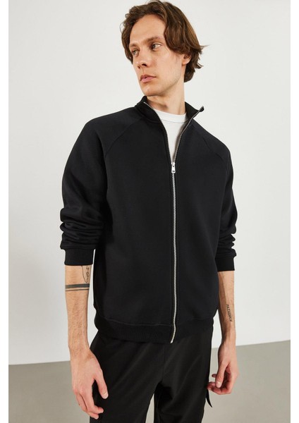 Erkek Dik Yaka Siyah Oversize Önü Fermuarlı Sweatshirt