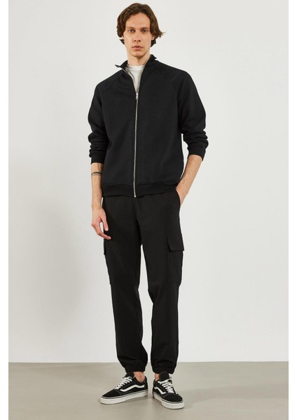 Erkek Dik Yaka Siyah Oversize Önü Fermuarlı Sweatshirt indirimleri